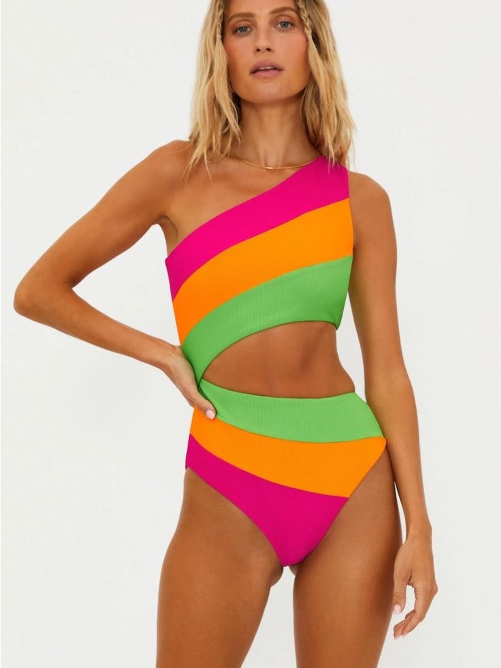 BEACH RIOT One-Shoulder Kids One-Piece Swimsuit in Pink, Orange & Green